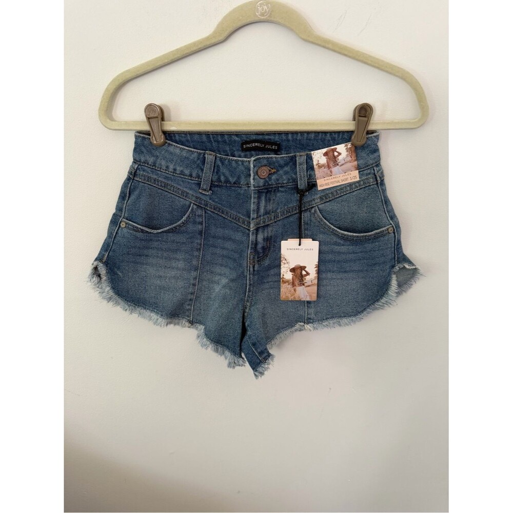 Sincerly Jules Medium Wash Frayed Denim Cutoff Shorts